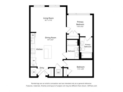 Floor plan for 2 beds, 2 baths, 904 sqft
